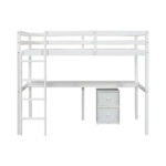 Twin Loft Wood Bed with Under-bed, Built-in Desk, a Storage Cabinet of 2 Drawers, Guardrails, Ladder,White - imagine 9