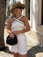 Women Sexy Contrast Sleeveless Backless Top Fashion Elegant Crossover V Neck Casual Vest Summer Female High Street Tops - imagine 5
