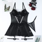 Pink Cute Lolita Nightgown with Bowknot and Lace-Up Cross Design, Net Fabric Ruffle Hem European and American Four-Piece Set for Women - imagine 7