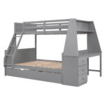 Twin over Full Bunk Bed with Trundle and Built-in Desk, Three Storage Drawers and Shelf,Gray - imagine 9