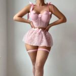 Sexy 3D Flower Bow Tie Sequin Mesh Skirt Lingerie Set - imagine 3