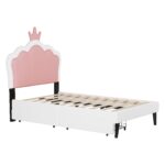 Twin cushion princess bed with crown headboard and 2 drawers with headboard and footrest, pink+white - imagine 12