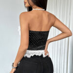 French Polka Dot Spicy Girl Tie Lace Trim Buttoned Fitted Sexy Tube Top for Women - imagine 4