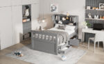 Twin Size Captain Platform Bed Frame with Storage Bookcases and Shelves,Four Drawers, Gray - imagine 3