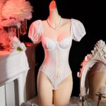 Solid color square neck see through steel ring gathering short sleeved base jumpsuit - imagine 6