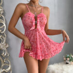 European Women's Fashionable Mesh Dress with Print, Strapless Hollow-out Design, Cute Girly Pink Camisole Nightgown Transparent Set - imagine 3