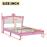 Full Size Upholstered Bed Frame with LED Lights, Modern Upholstered Princess Bed with Crown Headboard, Pink+White - imagine 6