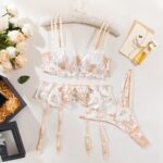 Sexy Sheer Lace Embroidered Hollow-out Shapewear Erotic Lingerie Garter Belt Three-piece Set - imagine 7