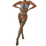 Sexy Cross-border Lingerie Set with Socks, Contrast Color Green Leaf Lace Retro High-end Underwear Four-piece Set for Women - imagine 5
