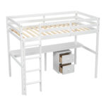 Twin Loft Wood Bed with Under-bed, Built-in Desk, a Storage Cabinet of 2 Drawers, Guardrails, Ladder,White - imagine 2