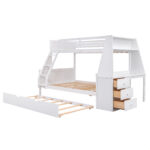 Twin over Full Bunk Bed with Trundle and Built-in Desk, Three Storage Drawers and Shelf,White - imagine 10