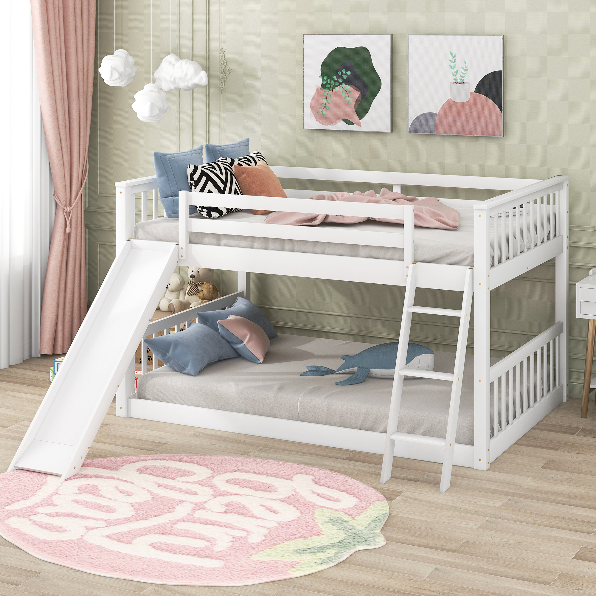 558113443 Full over Full Bunk Bed with Convertible Slide and Ladder White - imagine 1