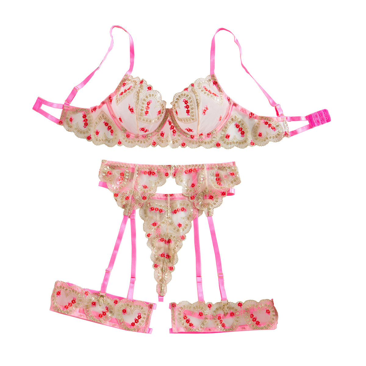 558092414 Sexy lingerie playful contrasting embroidery perspective fun garter belt leg ring four piece set - imagine 1
