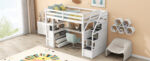 Twin Size Loft Bed with Desk and Shelves Two Built-in Drawers Storage Staircase White - imagine 7