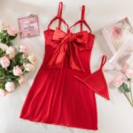 Sexy Satin Bow See-Through Elastic Mesh Plunging Chest Exposed Lingerie Temptation Lace Dress - imagine 7