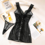 Sexy Lace Trim Nightdress Women Transparent Mesh Tie Lingerie Two-Piece Set - imagine 6