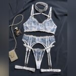White and Blue Embroidered Steel Ring Breathable Adjustable Halter Comfortable Women's Sexy Lingerie Set - imagine 6
