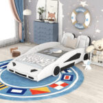 Twin Size Race Car-Shaped Platform Bed with Wheels, White - imagine 8