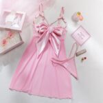 Sexy Satin Bow See-Through Elastic Mesh Plunging Chest Exposed Lingerie Temptation Lace Dress - imagine 8