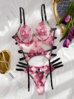 Sexy Deep V Body Shaping Perspective Flower Embroidered Underwear Sock Belt Two Piece Set - imagine 5