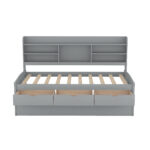 Twin Size Wooden Captain Bed with Built-in Bookshelves,Three Storage Drawers and Trundle Light Grey - imagine 4
