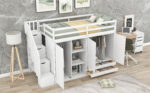 Functional Loft Bed with 3 Shelves, 2 Wardrobes and 2 Drawers, Ladder with Storage, No Box Spring Needed, White - imagine 10