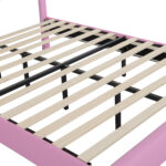 Full Size Upholstered Bed Frame with LED Lights, Modern Upholstered Princess Bed with Crown Headboard, Pink+White - imagine 8