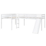 L-Shaped Twin Size Loft Bed with Ladder and Slide, White - imagine 9