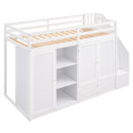 Functional Loft Bed with 3 Shelves, 2 Wardrobes and 2 Drawers, Ladder with Storage, No Box Spring Needed, White - imagine 4