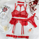 Heavy Embroidery Metal Buckle Strap Sexy Lingerie Set for Women Transparent Shaping Front Button Five-Piece Set - imagine 7