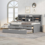 Twin Size Wooden Captain Bed with Built-in Bookshelves,Three Storage Drawers and Trundle Light Grey - imagine 16