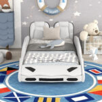 Twin Size Race Car-Shaped Platform Bed with Wheels, White - imagine 11