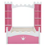 Castle-Shaped Wooden Bed with Storage Shelf, Dreamy Twin Size Platform Bed for Kids Bedroom, Pink+ White - imagine 6