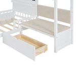 Twin Size House Bed with Upholstered Sofa, House Bed with Charging Station, Wireless Charging, Shelves and Two Drawers, White - imagine 26