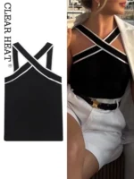 Women Sexy Contrast Sleeveless Backless Top Fashion Elegant Crossover V Neck Casual Vest Summer Female High Street Tops