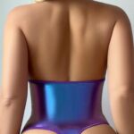 Sexy Patent Leather Halter Side Tie Bodysuit with Fishnet Stockings - imagine 4