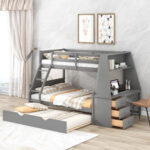 Twin over Full Bunk Bed with Trundle and Built-in Desk, Three Storage Drawers and Shelf,Gray - imagine 12