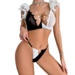 Feather two-piece chain contrasting splicing mesh sexy lingerie with steel ring for women
