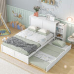Full Size Storage Platform Bed with Pull Out Shelves and Twin Size Trundle, White - imagine 16