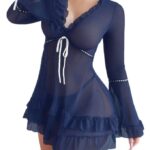 Sexy Mesh Sheer Long Sleeve Ruffle Hem Nightgown Set - imagine 5