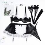 Black and White Lace Color Block Multi-layer Ruffle Sexy Maid Uniform Set with Fishnet Stockings 5-piece Set - imagine 6