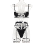 Lingerie Style Sexy Set with Gold and Silver Striped PU Leather Splicing for Women - imagine 7