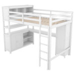 Wood Loft Bed with Cabinet and Bookshelf, Full Size Loft with Wardrobe and Desk for Kids,White - imagine 8