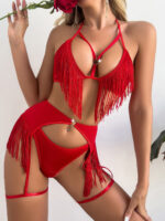 Love metal ring buckle strap hanging neck tassel leggings sexy and charming private suit set - imagine 6