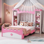 Castle-Shaped Wooden Bed with Storage Shelf, Dreamy Twin Size Platform Bed for Kids Bedroom, White + Pink - imagine 9