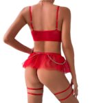 Cross-border Foreign Trade Lingerie Red Lace Metal Chain Transparent Mesh Fluffy Mini Skirt Four-piece Set - imagine 5
