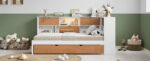 L-shaped bed frame with luggage and bookshelf, corner bed wooden captain's bed LED tube light and USB port walnut and white - imagine 15