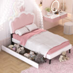 Twin cushion princess bed with crown headboard and 2 drawers with headboard and footrest, pink+white - imagine 16