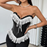 French Polka Dot Spicy Girl Tie Lace Trim Buttoned Fitted Sexy Tube Top for Women - imagine 3