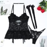 Net Stocking Crystal Choker European and American Sexy Lingerie Black Lace Tie-Waist Suspender Dress Four-Piece Set for Women - imagine 6
